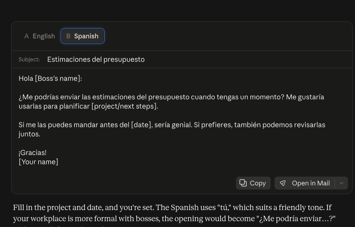 La versión en español del correo que escribió Claude para pedirle al jefe las estimaciones del presupuesto