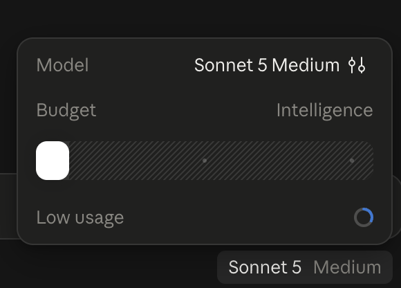 The free plan's model setting on September 27: Sonnet 5 on Medium, with a slider running from Budget to Intelligence