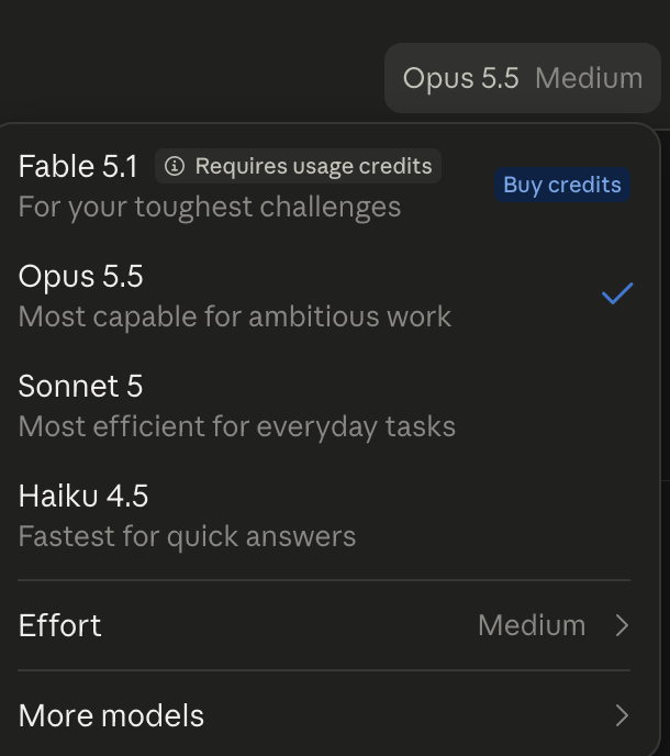 Claude's model menu on a Pro plan: Opus 5.5 is selected, and the Effort setting below it reads Medium