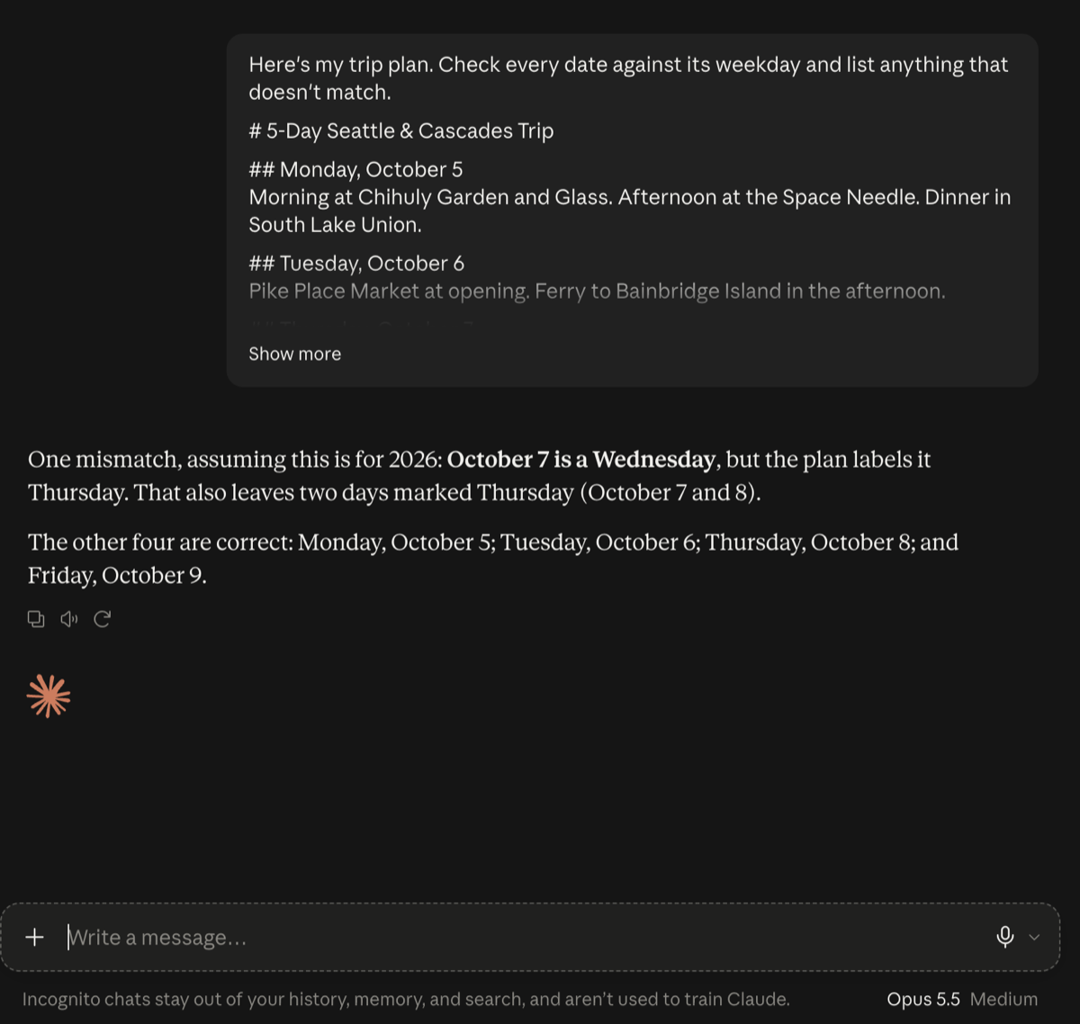 Opus 5.5 checking a made-up trip plan and replying that October 7 is a Wednesday, not a Thursday, which leaves two days marked Thursday