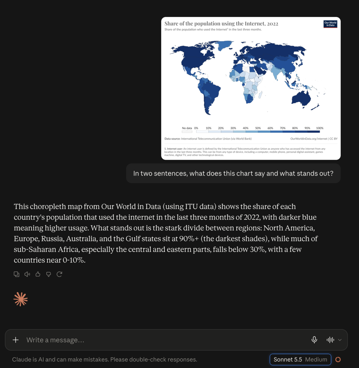 Sonnet 5.5 reading an Our World in Data map of internet use in 2022 and pointing out that North America, Europe and Australia sit above 90% while much of sub-Saharan Africa is below 30%