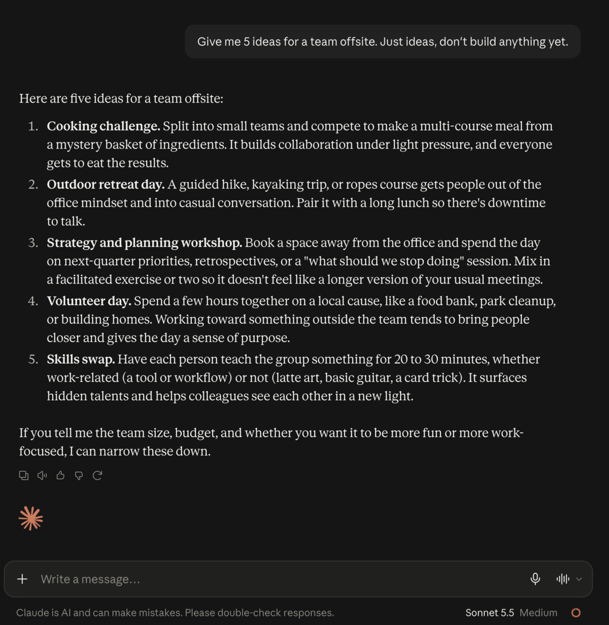 Sonnet 5.5 replying with five short team offsite ideas and offering to narrow them down once it knows the team size and budget