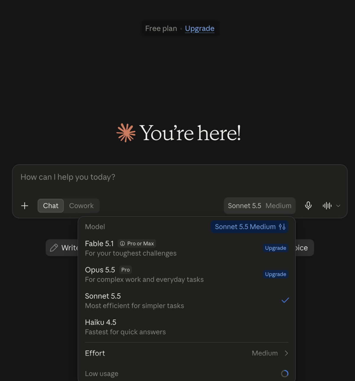 Claude's model menu on a free account on September 28: Sonnet 5.5 is selected on Medium, Haiku 4.5 is also available, and Opus 5.5 and Fable 5.1 show an Upgrade button