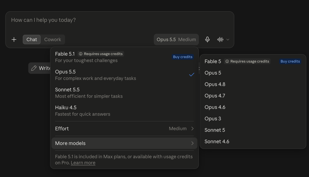 Claude's model menu on a Pro plan: Sonnet 5.5 is listed next to Opus 5.5, Effort reads Medium, and Sonnet 5 is still available under More models
